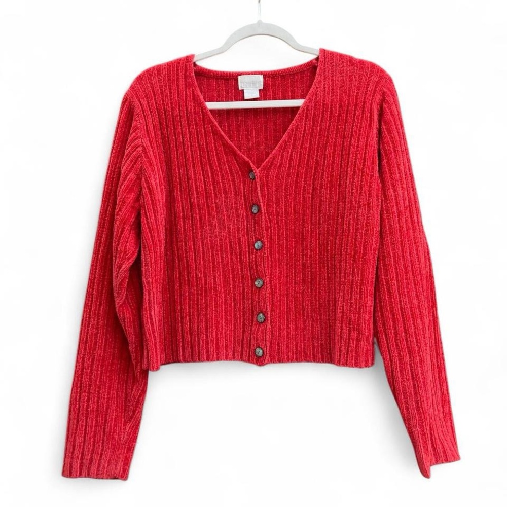 Moda Intl VTG chenille button up ribbed cropped sweater cozycore soft girl
